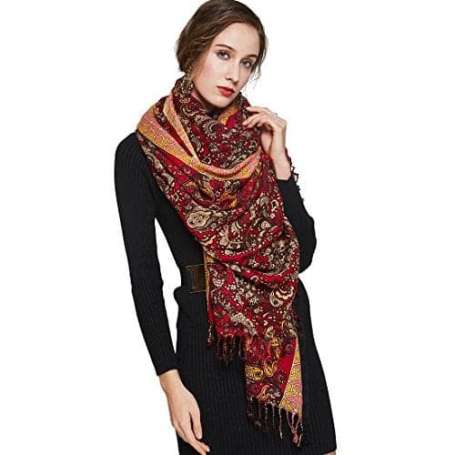 DANA XU 100% Merino Wool Pashmina Shawl for Women 96"x43", Oversized Cashmere Wrap with Tassels, Floral Travel Blanket Cape