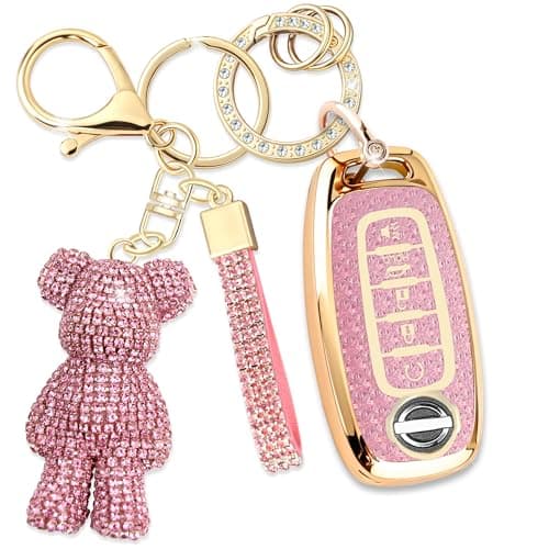 Rayslesan Cute Key Fob Cover with Rhinestone Bear Charm Bling TPU Smart Key Case for Women Compatible with Nissan Pathfinder Rogue Kicks 2023 2024 5Button Gold Pink