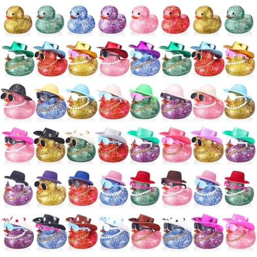 Realspring 200 Pcs Glitter Rubber in Bulk Summer Mini Rubber Ducks Bath Toy Accessories Sunglasses Necklace Hat for Baby Shower Birthday Swimming Party Gift Favor 2 Inches
