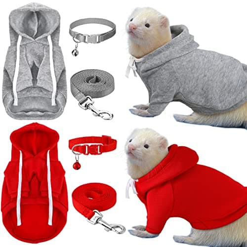 Foaincore 6 Pcs Ferret Clothes Accessories Include Ferret Leash and Harness Set Safe Pet Collar with Bell Small Soft Pet Sweater for Guinea Pig Hamster Chinchilla Teacup Chihuahua Grey and Red