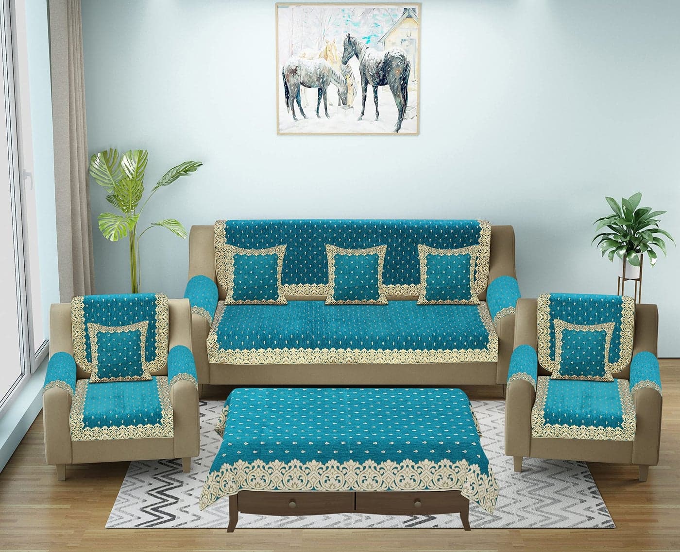 SAWNA HOMES Premium 5 Seater Printed Velvet Sofa Cover Set With Arm Covers & Cushion + Table Cover,3,1,1 Seater 16 Pcs Sofa Back Slip Panels,Premium Stylish Slip Cover Protector Sky Blue(Pack Of 18)