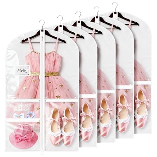 Univivi Dance Costume Garment Bags for Kids, 40 Inch Foldable Garment Bags for Dance Costumes with Clear PVC Window and 3 Zipper Pockets for Dance Competition, White (5 Pack)