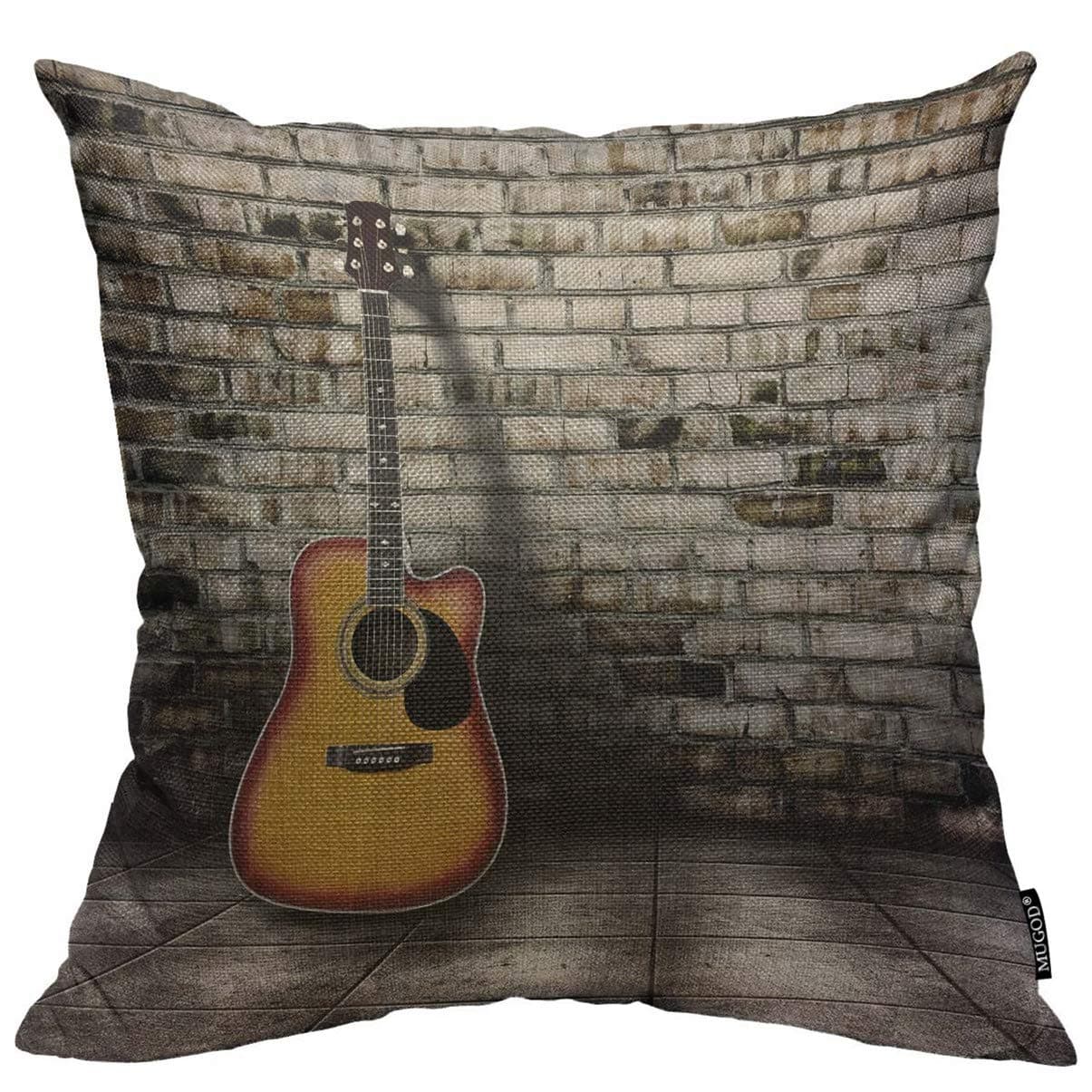 Mugod Guitar Throw Pillow Cover Guitar in Blank Empty Room with Old Brick Wall Background Decorative Square Pillow Case for Home Bedroom Living Room Cushion Cover 18x18 Inch