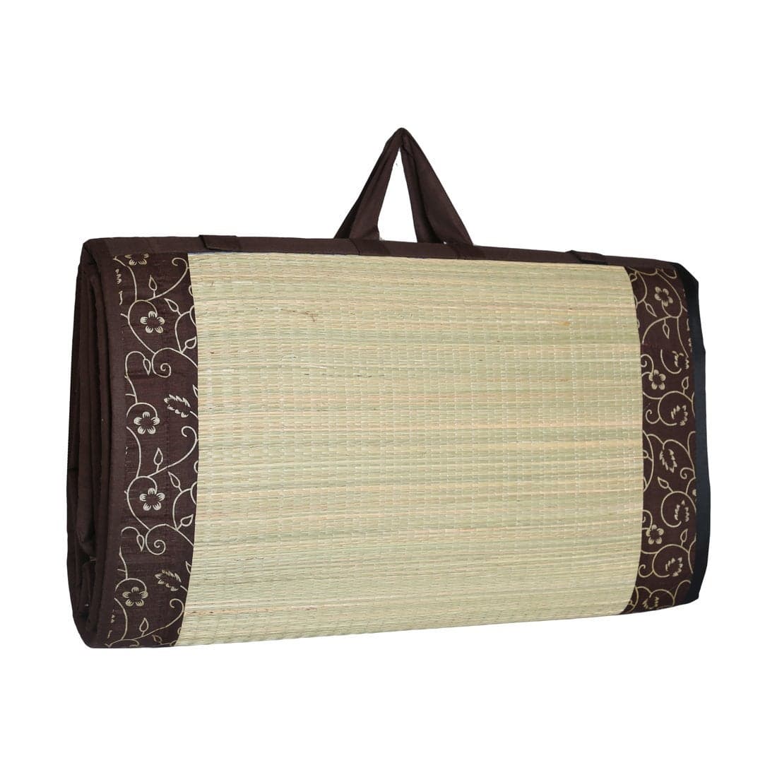 KALA DARSHAN CRAFTS BAZAAR Foldable korai River Grass Mat 4X6 ft with 20MM Soft Foam Fabric Brown Butter Satin Easy to Carry