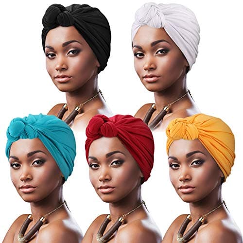 DRESHOW 5 Pack Knotted Headwraps for Women African Turban Pre-Knotted Beanie Headwraps Hair Covers Cap