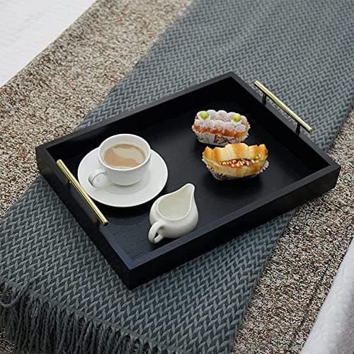 DDS Dream Decor Shoppee Serving Tray,Tray For Coffee Table With Polished Metal Handles, Living Room Bed Room Coffee Bar Organizer Modern Decorative Tray (Black, Rectangular)
