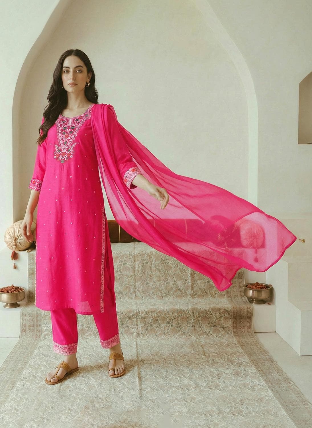 Globus Women Pink Straight Scalloped Embroidered Kurta Set With Dupatta