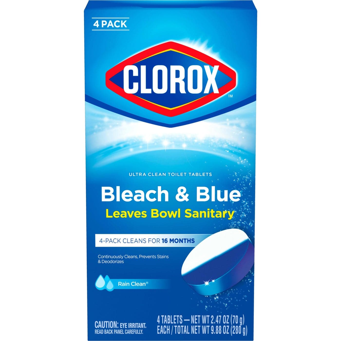 Clorox Ultra Clean Toilet Tablets Bleach & Blue, Rain Clean, 4 Ct (Package May Vary)