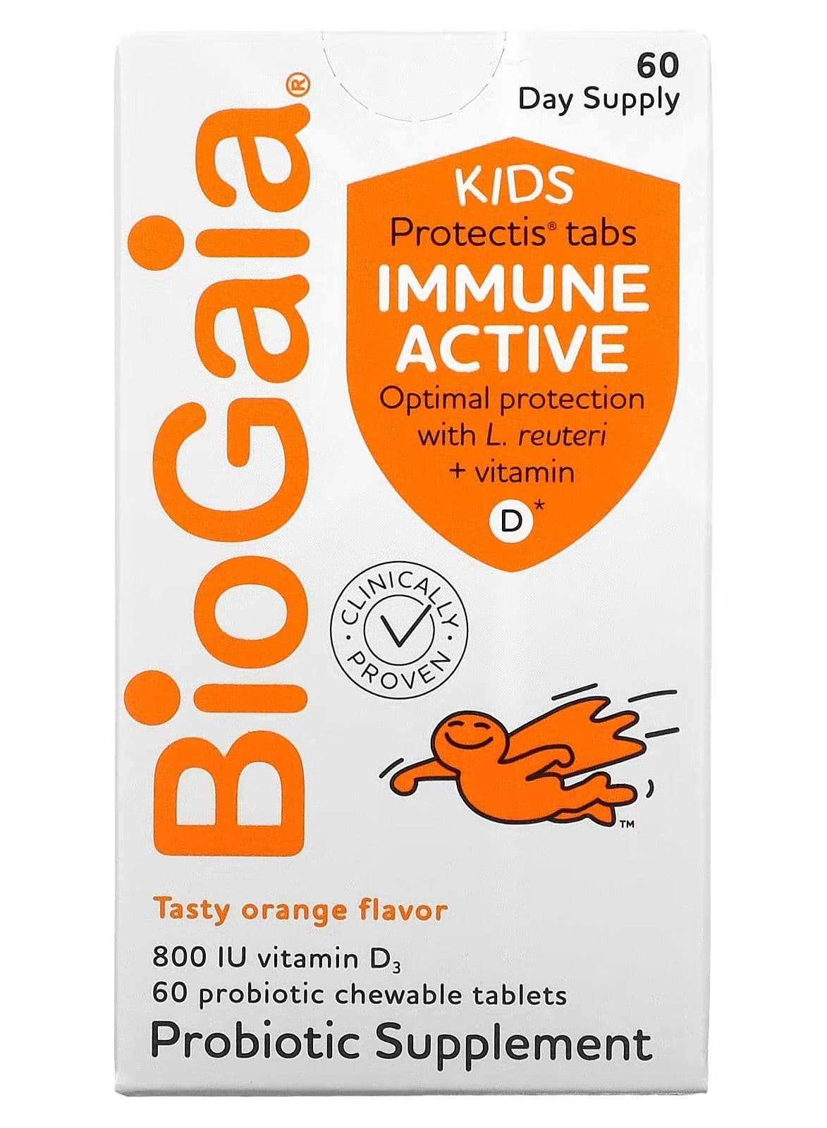 BioGaia Kids Immune Active with L. Reuteri and Vitamin D Orange 60 Probiotic Chewable Tablets