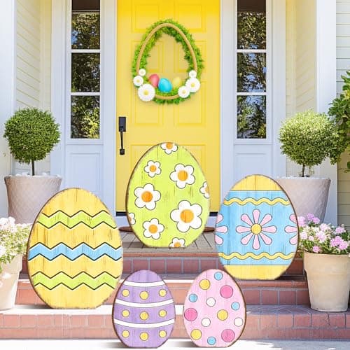 Yuntau 5 Pcs Easter Wooden Porch Sign Large Easter Egg Standing Porch Sign Decoration Farmhouse Rustic Outside Decorations for Outdoor Party Lawn Garden Yard Entryway