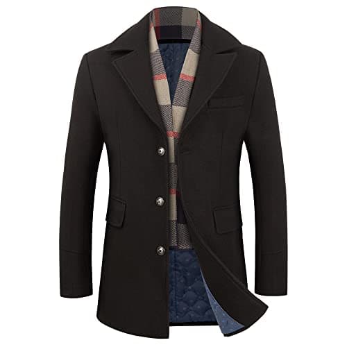 WULFUL Men’s Wool Blend Winter Coat Slim Fit Short Trenchcoat Warm Business Jacket with Detachable Soft Wool Scarf
