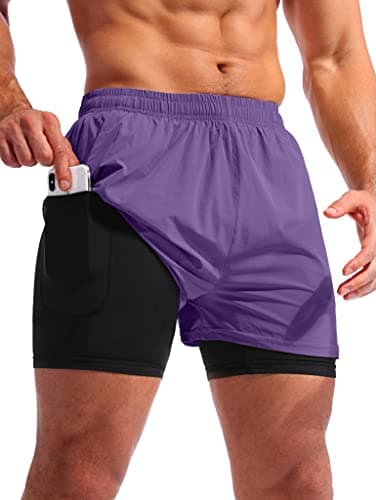 Pudolla Men’s 2 in 1 Running Shorts 5" Quick Dry Gym Athletic Workout Shorts for Men with Phone Pockets(Purple Large)