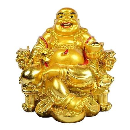 HC VILLA Feng Shui Laughing Buddha Happy Man for Happiness and Money Wealth Sitting on Chair, Golden