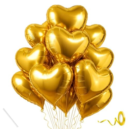 Mystic Toy Store Pack of 10 Heart Balloons for Happy Birthday Decoration Gold Kit Baby Boys Girls Kids Men Women Car Boot Living Room Heart Shaped Foil Balloon Set Items Golden