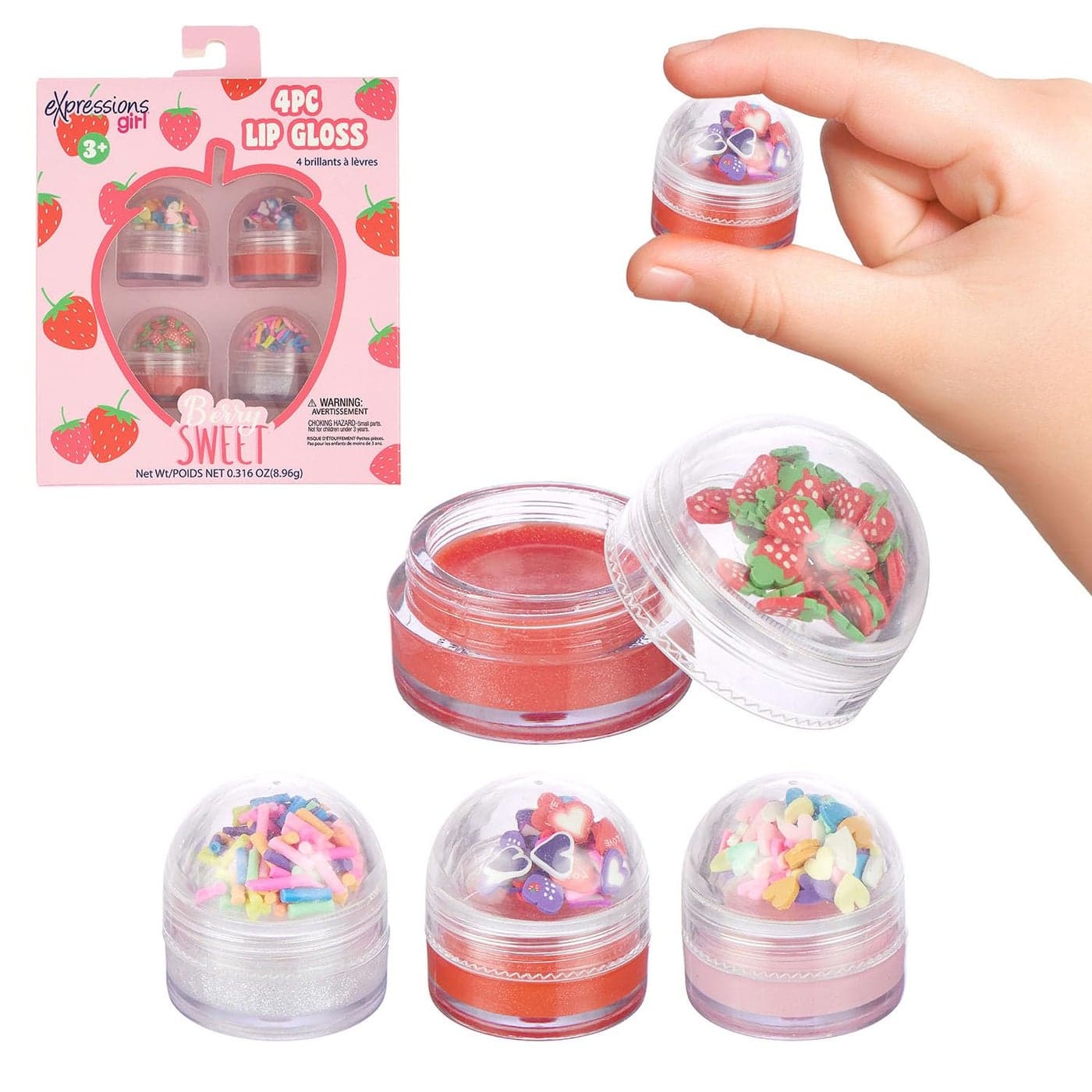 EXPRESSIONS Girl 4pc Lip Gloss with Confetti Top Berry Sweet Fruity Flavored Lip Gloss For Girls Safe and NonToxic Confetti Lip Gloss Gift Set For Girls