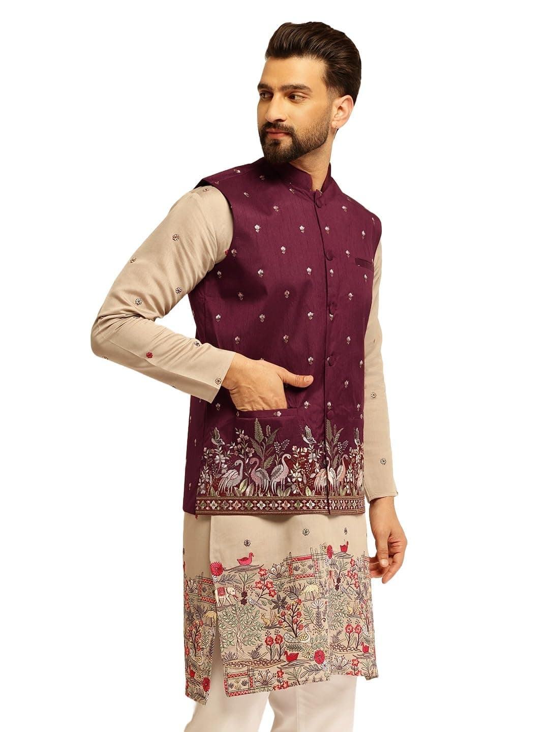 SOJANYA (Since 1958 Men's Silk Blend Exquisite Daman Embroidered Maroon Nehru Jacket