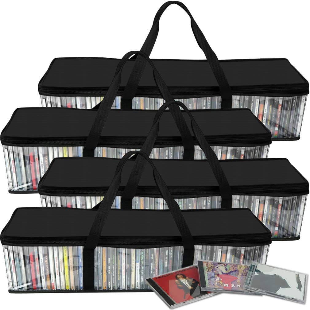 Evelots CD Storage Bags 4 Pack Clear PVC Plastic Media Carrying Case with Zipper Holds 200 CDs Total Strong Handles Protects CDs Video Games Music from Dirt Moisture