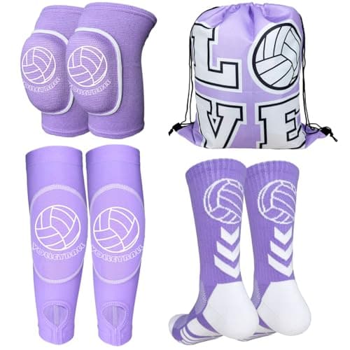 Youth Volleyball Gears Knee Pads Arm Sleeves Socks Drawstring Bag for Youth Teen Girls VolleyBall Training and Games Purple Small