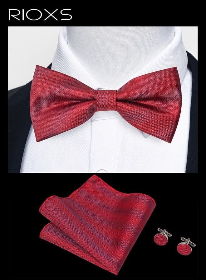 Men's Jacquard Bow Tie Three-Piece Set Business Wedding British Style Printed Bow Tie, Pocket Square, and Cufflinks Set Polyester Asymmetrical Lapel Flower in Re'd