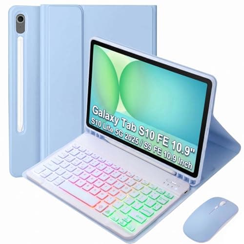 VLEAQC Keyboard Case for Samsung Galaxy Tab S10 FE/S10 Lite/S9 FE 10.9″ 2025/Galaxy Tab S9 11 Inch 2023, Mouse and Detachable Bluetooth Backlit Keyboard, Folio Cover with Pen Holder (Light Purple)