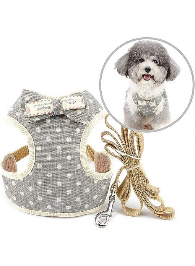 No Pull Small Dog Harness and Leash Set Escape Proof Puppy Cat Vest Harnesses for Walking Adjustable Cute Polka Dot Kitten Harness with Bowknot Soft Mesh Padded for Puppia Girl Boy Gray L