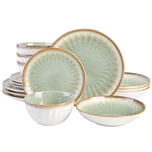 Gibson Elite Mayfair Bay 16-Piece Embossed Double Bowl Dinnerware Set, Service for 4 – Green Stoneware Plates and Bowls