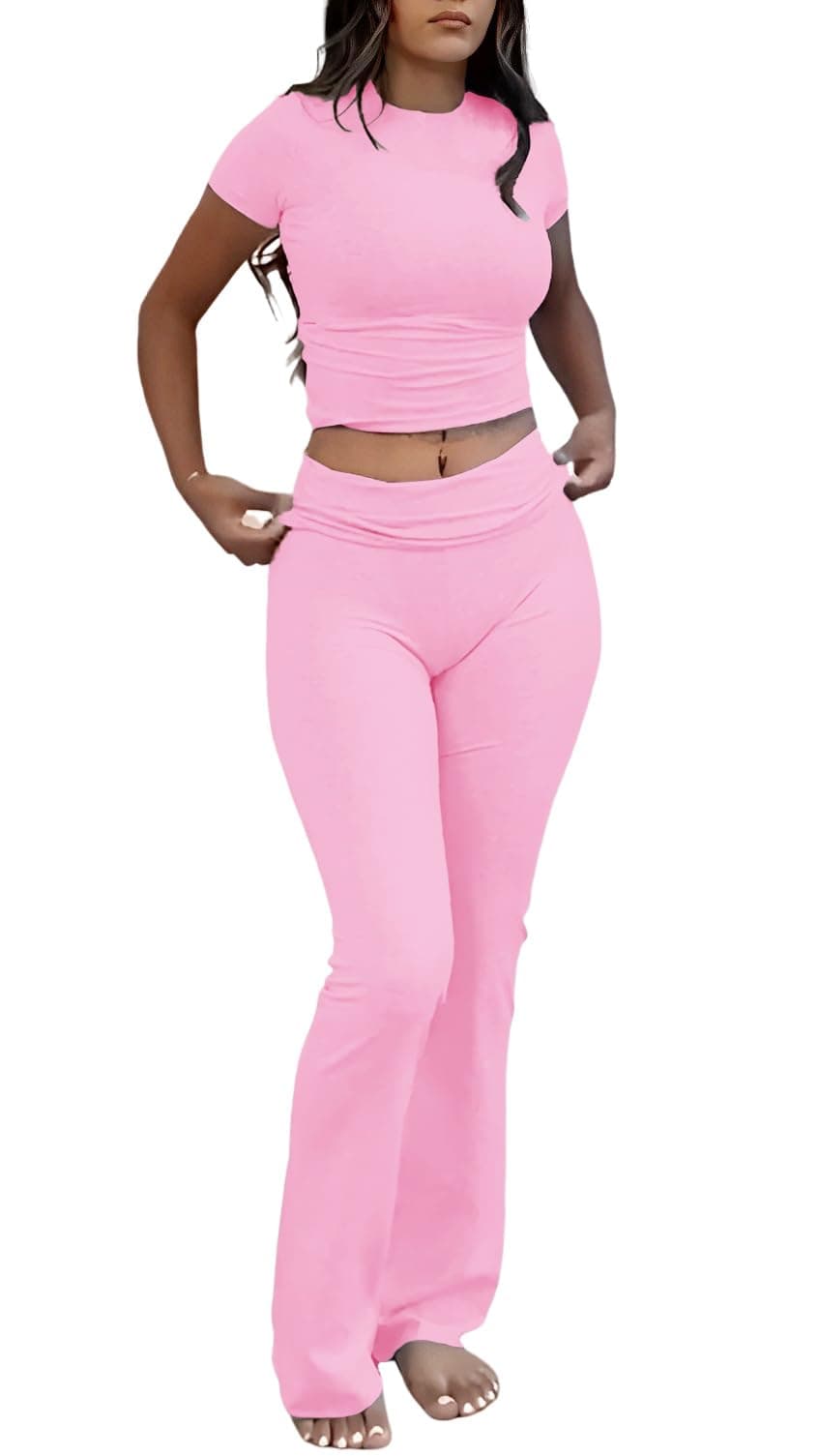 YETOWA Women's 2 Piece Lounge Outfits with Slim Short Sleeve Tops and Low Rise Flare Leggings Sets Versatile Yoga Fall Sweatsuit