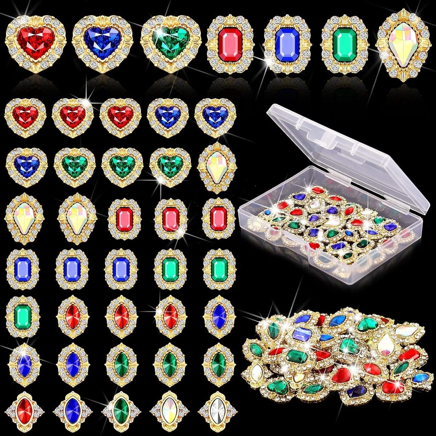 35 Pieces 3D Luxury Nail Art Nail Gems Nail Crystals Gold Nail Diamonds Rhinestones Metal Alloy Glass Rhinestones Nail Charms with Storage Box for Nail Decor DIY Craft Jewelry Making (Classic Style)
