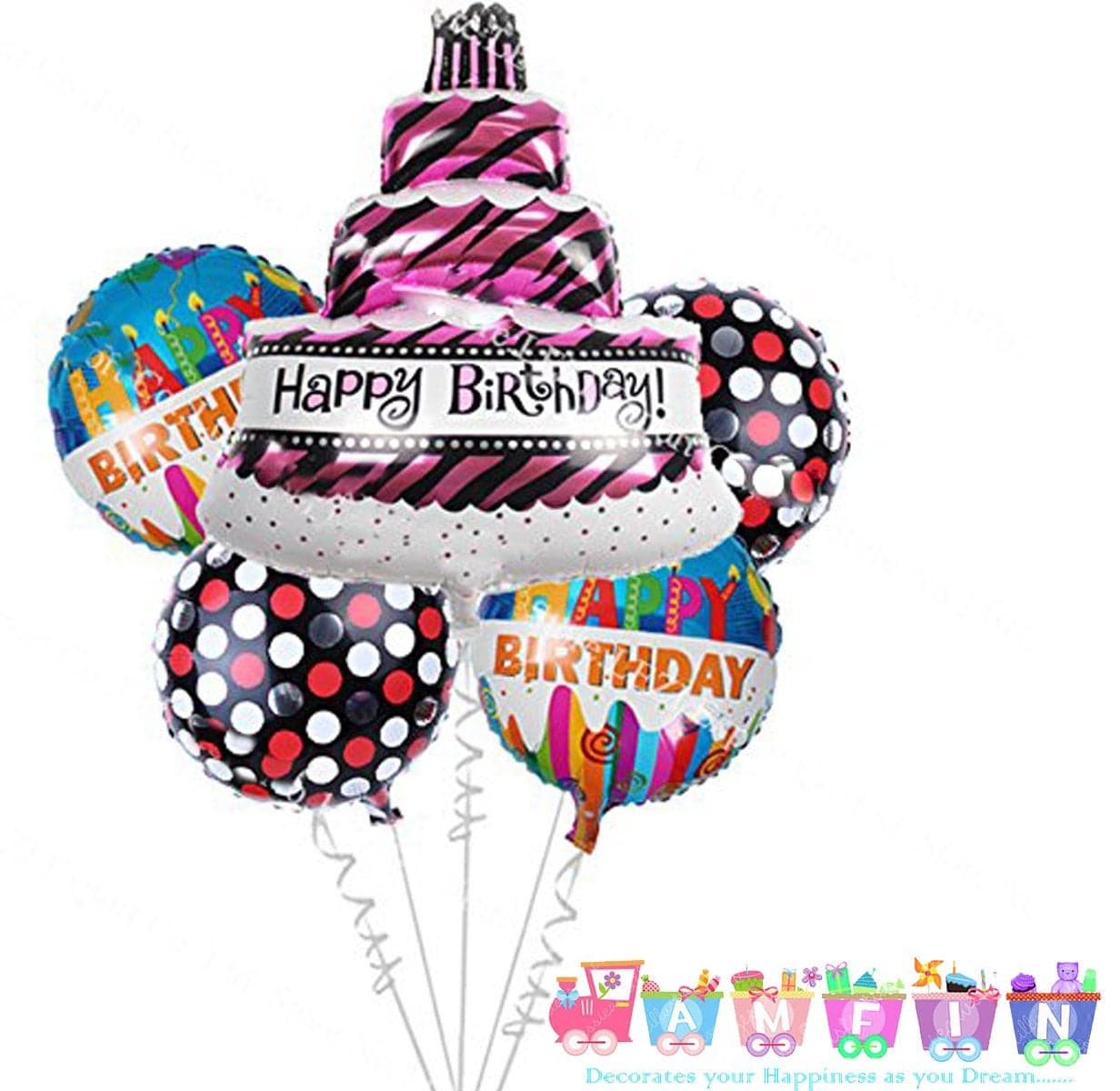 AMFIN Purple Happy Birthday Printed Cake Shape Foil Balloon Birthday Supplies/Happy Birthday Decoration Balloons Combo/Happy Birthday - Pack of 5