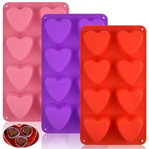 3 PCS Heart Molds Silicone 8 Cavities Heart Shaped Cupcake Pan for Baking Food Grade Muffin Pan Candles Epoxy Resin Valentine Craft for Making Chocolate, Candy, Soap and Jelly (Red, Pink, Purple)
