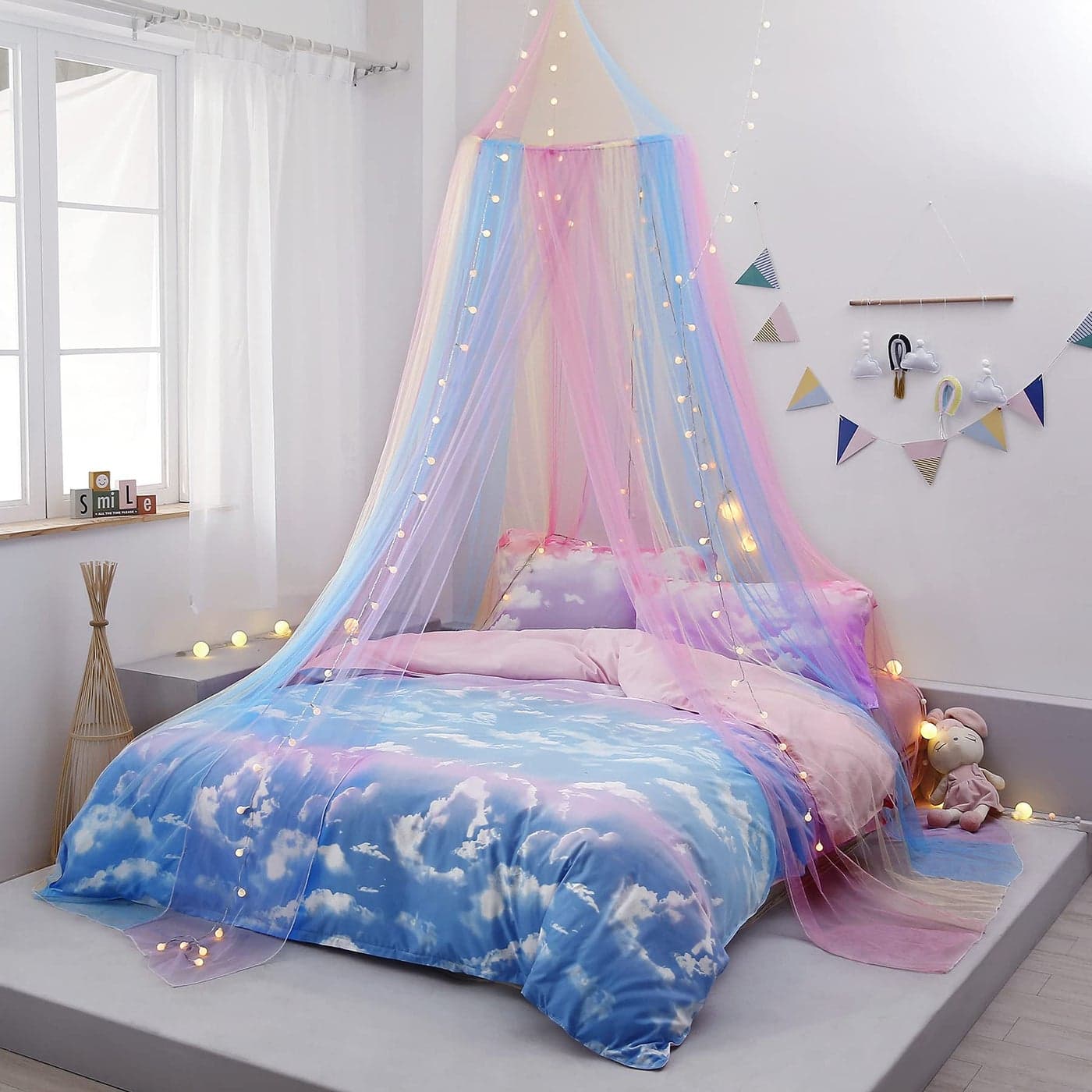 Rainbow Bed Canopy with Lights Girls Room Bed Netting for Twin Single Full Queen Size Beds Reading Corners Room Decor