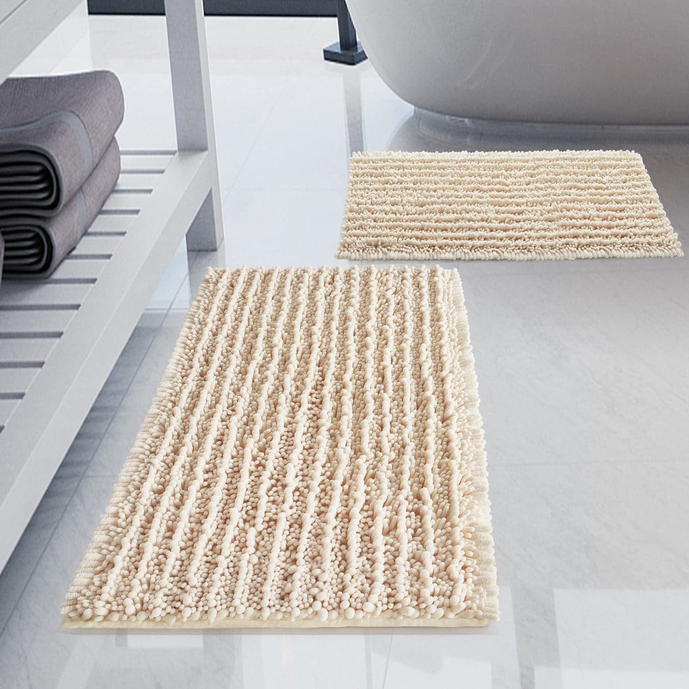 HVERONNEX Luxury Chenille Cream Bathroom Rugs Sets 2 Piece Thickened Hot Melt Rubber Bottom Bath Mats for Bathroom Non SlipBath Rugs Quick Dry Machine Washable for Shower Mat 32x2017x24