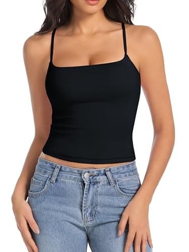 Abonlen Camisole Tops for Women Sleeveless Adjustable Spaghetti Strap Tank Tops Y2K Basic Shirts(Black,Small)