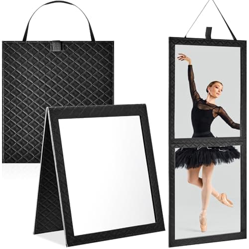 Colingmill Foldable Backstage Mirror with Handle Leather Folding Hanging Mirror Rectangular for Travel Dance Bag Home Fitness Spa Gift for Dancers (Black,24.6''L X 11.2''w)