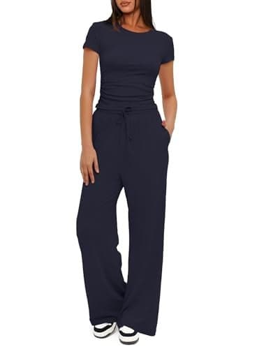 Darong Women's Two Piece Outfits Lounge Sets Ruched Short Sleeve Pullover Tops and High Waisted Pants Tracksuit Sets 9042B Dark Blue L