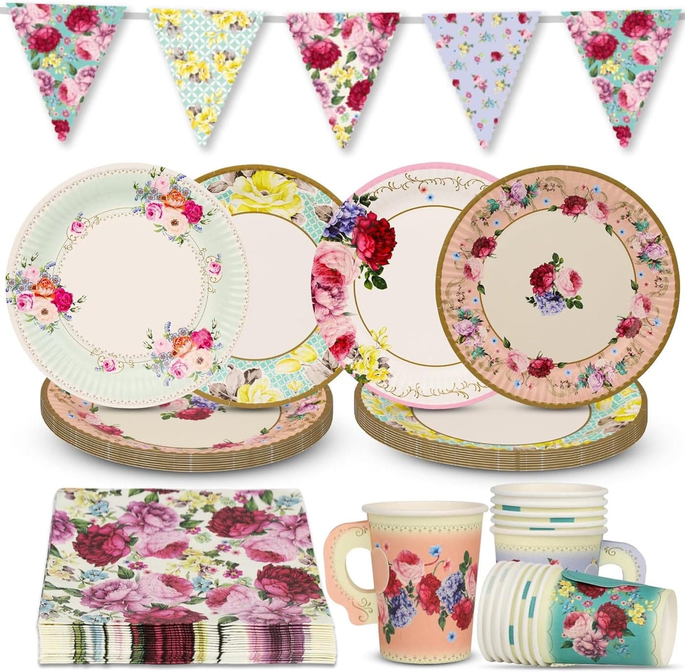 Talking Tables 50pcs Floral Afternoon Tea Party Decorations Tea Party Set Pretty Paper Plates Floral Napkins Tea cups Bunting for Birthday Mother's Day Bridal Shower Baby Shower for 16 Guests