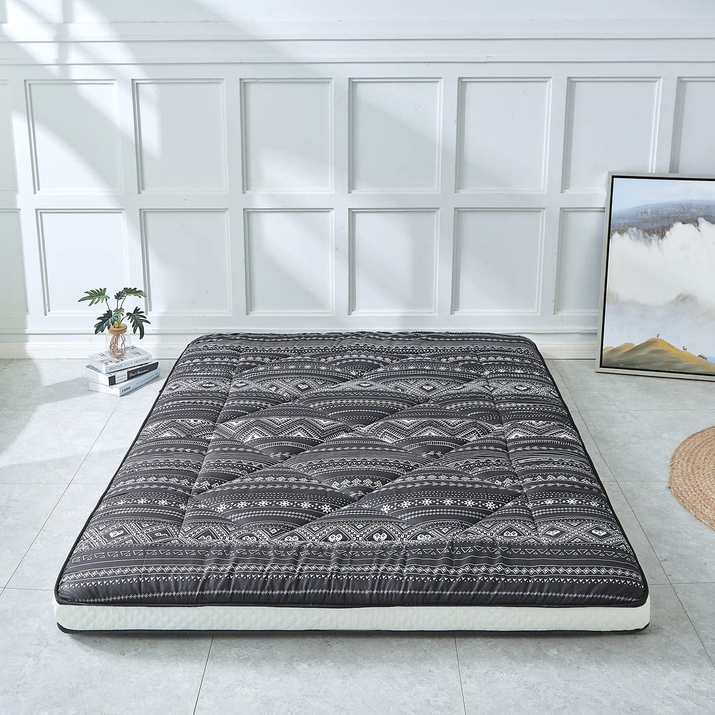 Heimorn Japanese Floor Futon Mattress Thicken Sleeping Foldable Portable Roll up Camping Mattress Bohemia Black Twin