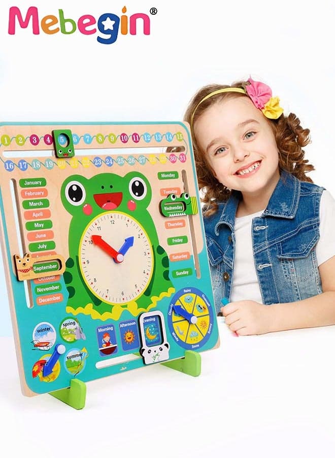 Montessori Wooden Toys Kids Clock Toy Unique Frog Shape Wooden Learning Toy for Toddlers 36 Month+ Year Olds Learn About Seasons Month Days of Week Time Educational Toys