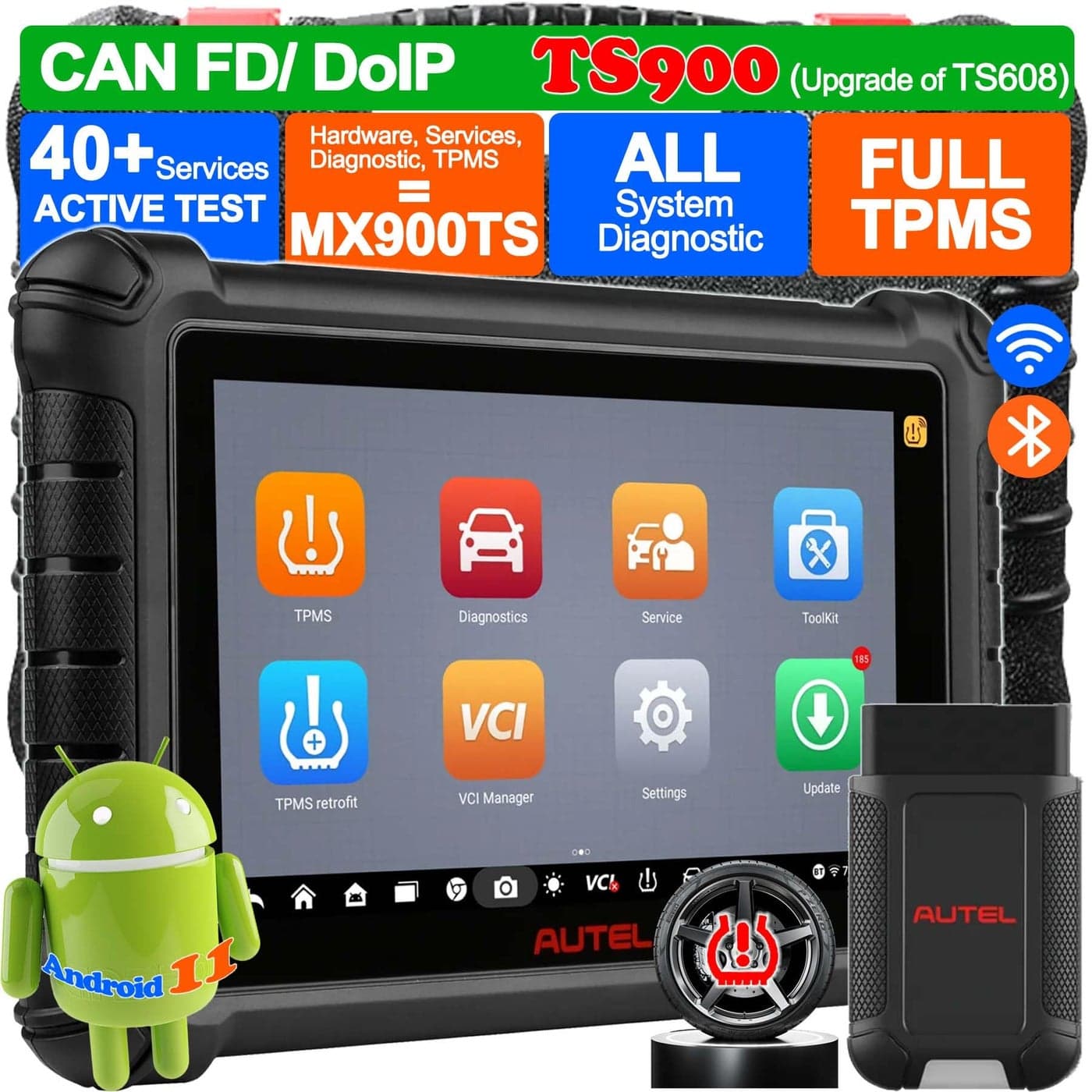 Autel TPMS Programming Tool TS900 OS 11 Same as MX900TS MK900TS Newer of MS906TS TS608 MK808STS TPMS Relearn Reset Tool as MP900TS Scanner All Sys Diagnosis 40 Services Active Test FCA SGW