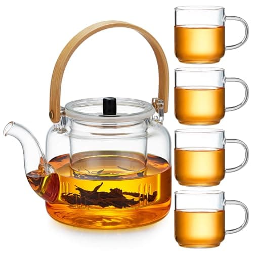 Glass Teapot Set 37OZ1100ML Glass Tea Kettle with 4 Double Wall Teacups Tea Pot with Infusers for Loose Tea Stovetop Microwave Safe Tea Maker