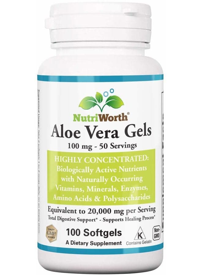 Aloe Vera Supplement (100 Softgels) 20,000mg Pure Gel Equivalency – Made with Organic Aloe Vera