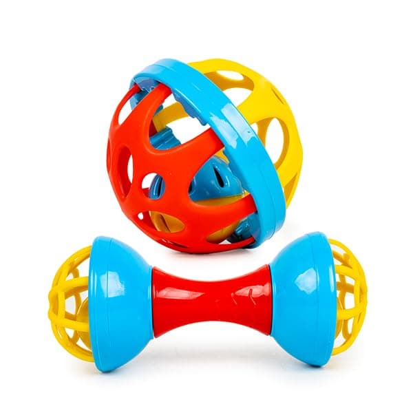 Ratna's Jingle Rattle 2 Pcs Combo, Dumbell & Soft Ball Shaped New Born Baby Toys Rattle Set for Babies 0-6 Months