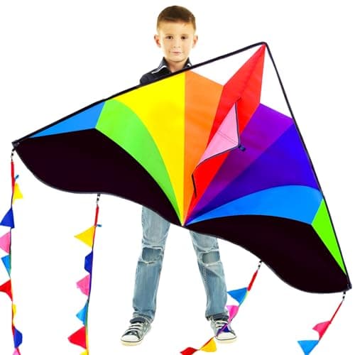 Kaiciuss Rainbow Kite for Kids Adults Easy to Fly Large Single Line for The Beach 55 x 28 Delta Kite Comes with 300 FT String Handle