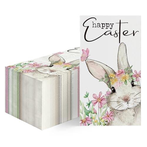 Horaldaily 100 Easter Disposable Paper Decorative Guest Napkins, Watercolor Easter Bunny Flowers Hand Towel for Party Lunch Dinner Kitchen Bathroom