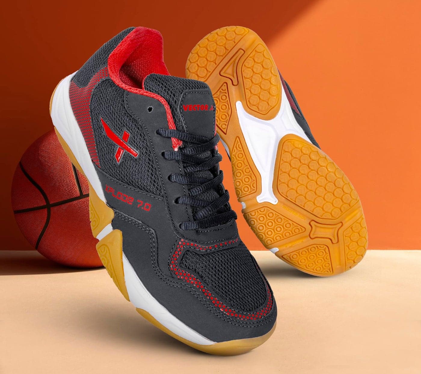Vector X Xplode 7.0 Badminton Shoes for Men| Non-Marking Shoe | EVA/Phylon Rubber Sole | Synthetic Upper | Anti Slip |Badminton| Table Tennis | Court Shoes Black/Red