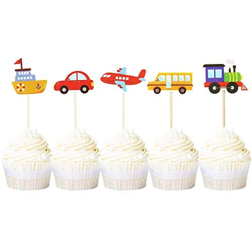 Ercadio 30 Pack Transportation Cupcake Toppers Bus Car Ship Train Airplane Cupcake Picks Baby Shower Birthday Party Cake Decoration
