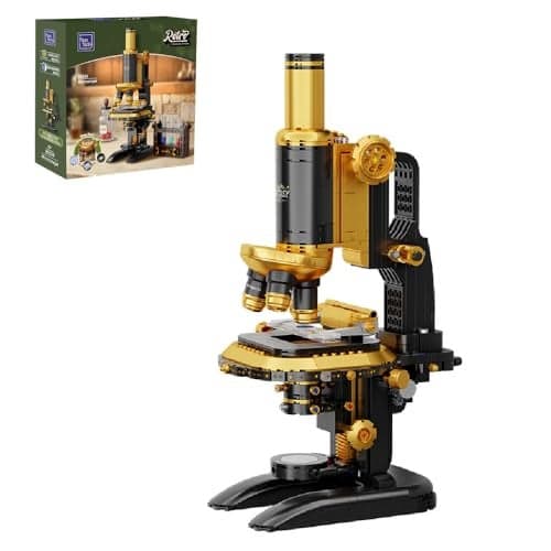 PANTASY Retro Microscope Building Kit for Adults Antique Science Instrument Model with Mechanical Design Brass Finish Lab Accessories Collectible Display Brick Set