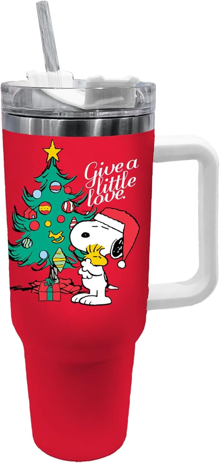 Spoontiques Snoopy Christmas Stainless Steel Travel Mug with Handle 40 oz Capacity Double Wall Stainless Steel with Sliding Lock Travel Lid 125 Tall