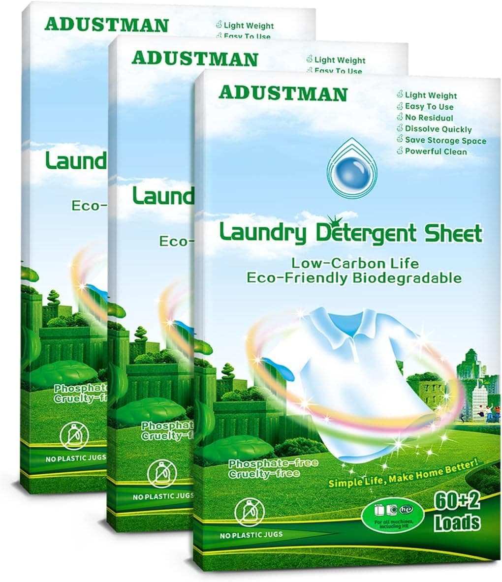 ADUSTMAN Laundry Detergent Sheets StripsBreeze Hypoallergenic Ecofriendly Low Suds Liquidless Earth Friendly No Plastic Jugs 186 Count pack of 3 Fresh