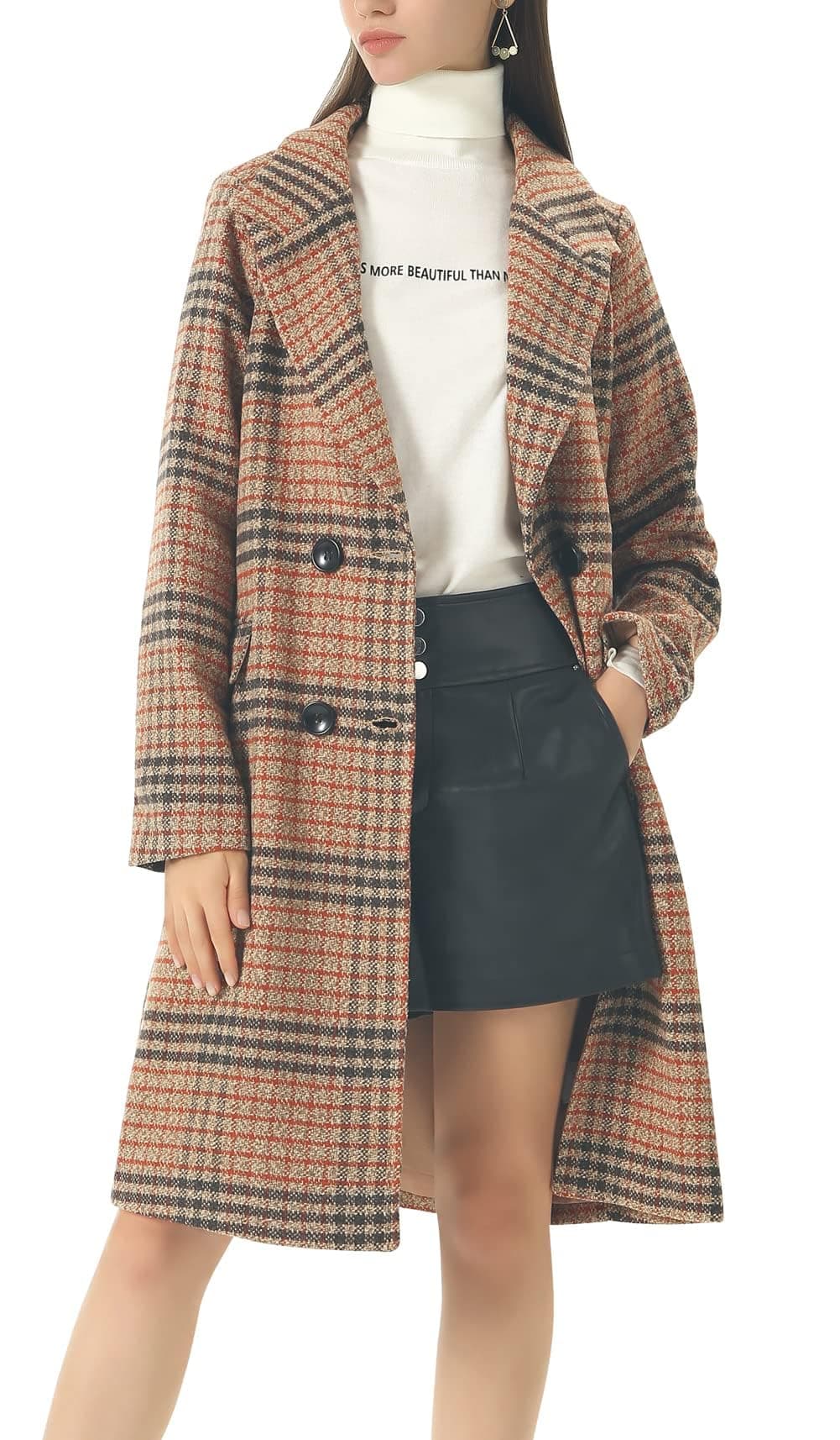 chouyatou Womens Classic Notched Collar Double Breasted Plaid Wool Blend Long Trench Coat PlaidBrown Medium
